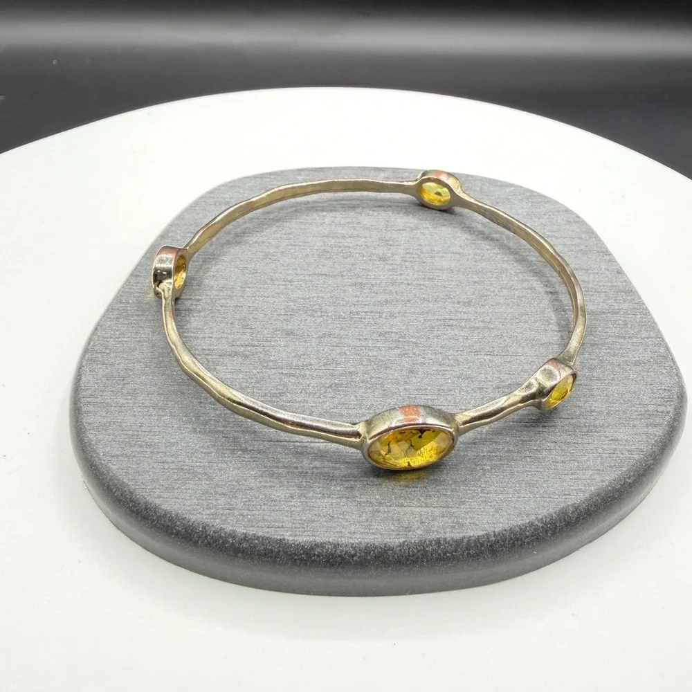 Yellow Crystal Silver Tone Bangle Bracelet Bezel Set Boho Statement Jewelry